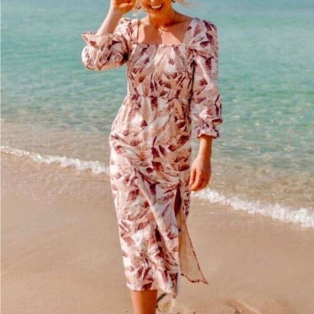 House of Harlow 1960 Linen Smocked Pink Palm Midi Dress Bishop Sleeve Medium